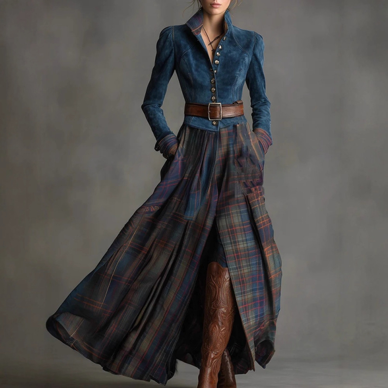 Рокля от еластичен полиестер, колажно пришиване, модел с цветово съчетаване, права яка, дълги ръкави, дълга рокля