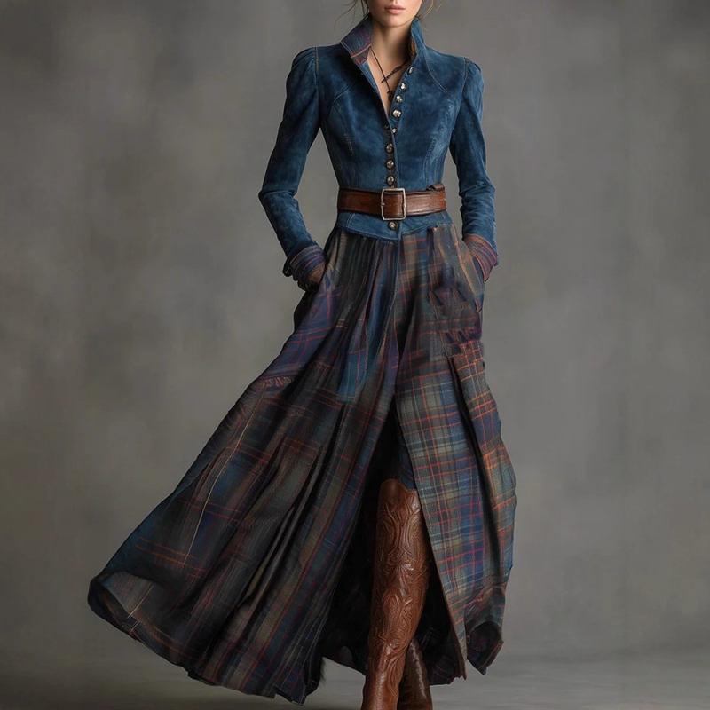 Рокля от еластичен полиестер, колажно пришиване, модел с цветово съчетаване, права яка, дълги ръкави, дълга рокля