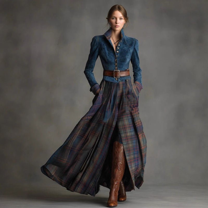 Рокля от еластичен полиестер, колажно пришиване, модел с цветово съчетаване, права яка, дълги ръкави, дълга рокля