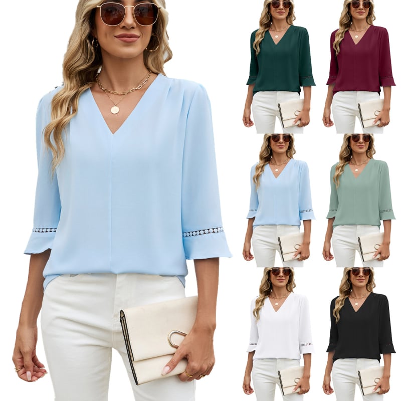 Chiffon bluza s V-izrezom, puff rukavi, srednja duljina, jednobojna