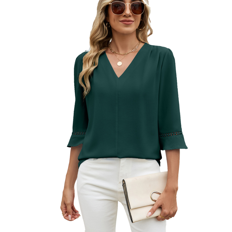 Chiffon bluza s V-izrezom, puff rukavi, srednja duljina, jednobojna