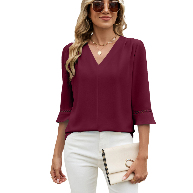 Chiffon bluza s V-izrezom, puff rukavi, srednja duljina, jednobojna