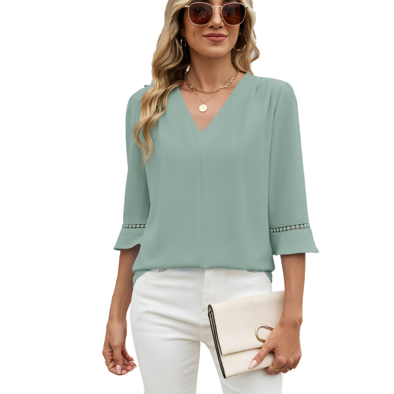 Chiffon bluza s V-izrezom, puff rukavi, srednja duljina, jednobojna