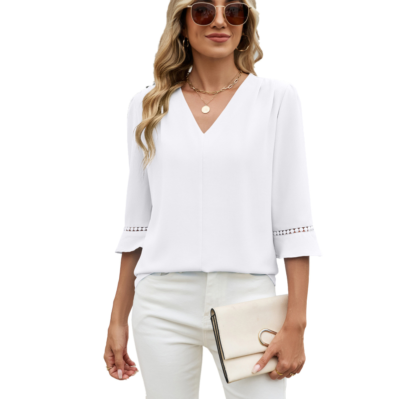 Chiffon bluza s V-izrezom, puff rukavi, srednja duljina, jednobojna