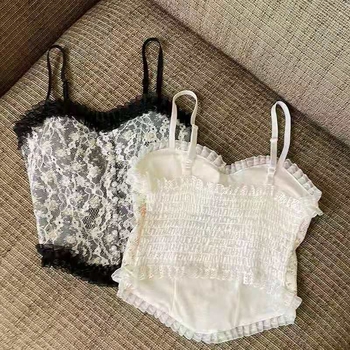 Ženski najlonski čipkasti top bez naramenica s perljasto-hr cvjetnom vezom, pun košarica, tanak kalup, stil veste, za proljeće-ljeto