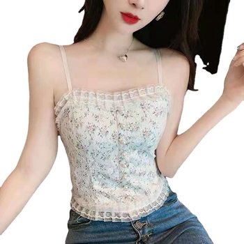 Ženski najlonski čipkasti top bez naramenica s perljasto-hr cvjetnom vezom, pun košarica, tanak kalup, stil veste, za proljeće-ljeto