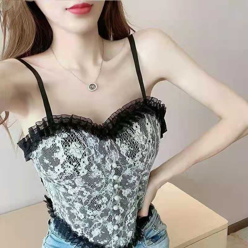 Ženski najlonski čipkasti top bez naramenica s perljasto-hr cvjetnom vezom, pun košarica, tanak kalup, stil veste, za proljeće-ljeto