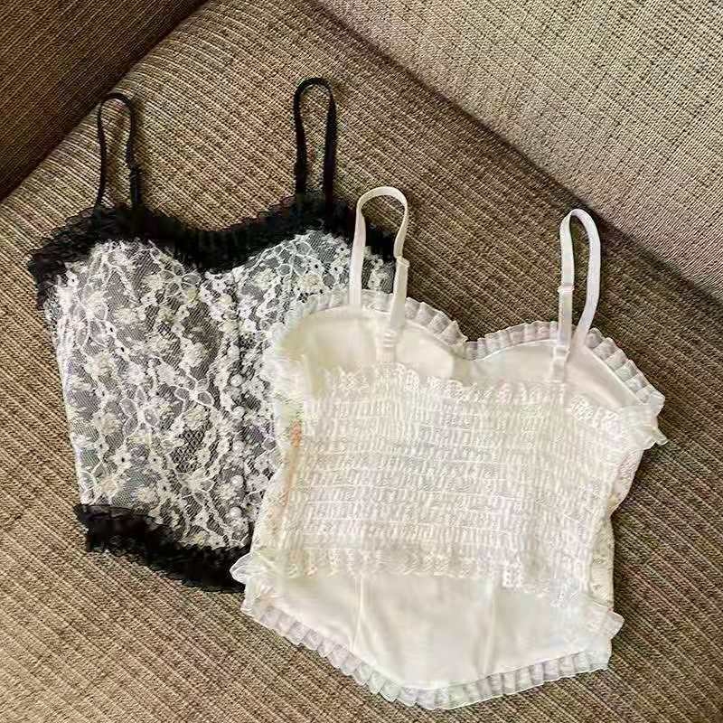 Ženski najlonski čipkasti top bez naramenica s perljasto-hr cvjetnom vezom, pun košarica, tanak kalup, stil veste, za proljeće-ljeto