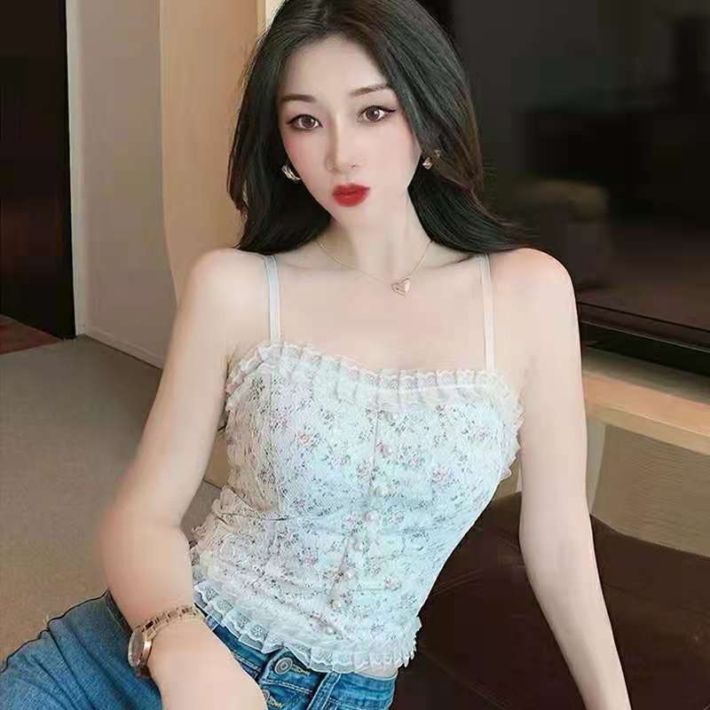 Ženski najlonski čipkasti top bez naramenica s perljasto-hr cvjetnom vezom, pun košarica, tanak kalup, stil veste, za proljeće-ljeto