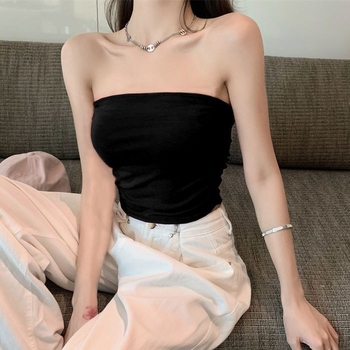 Без презрамки женски топ с набрани гънки, полиестер 90–95%, тесен силует, лято 2024, ваканционен стил