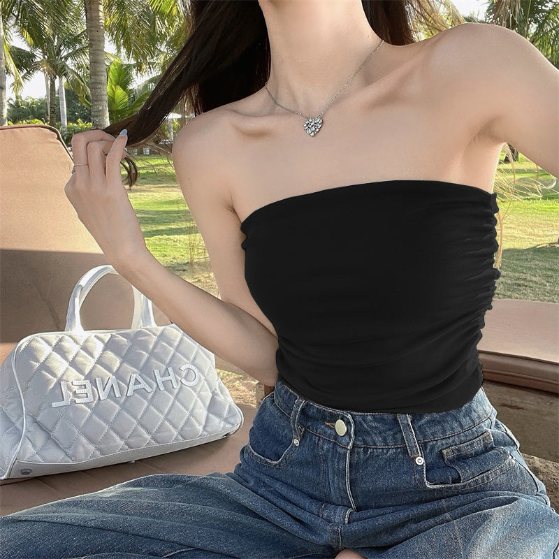 Без презрамки женски топ с набрани гънки, полиестер 90–95%, тесен силует, лято 2024, ваканционен стил