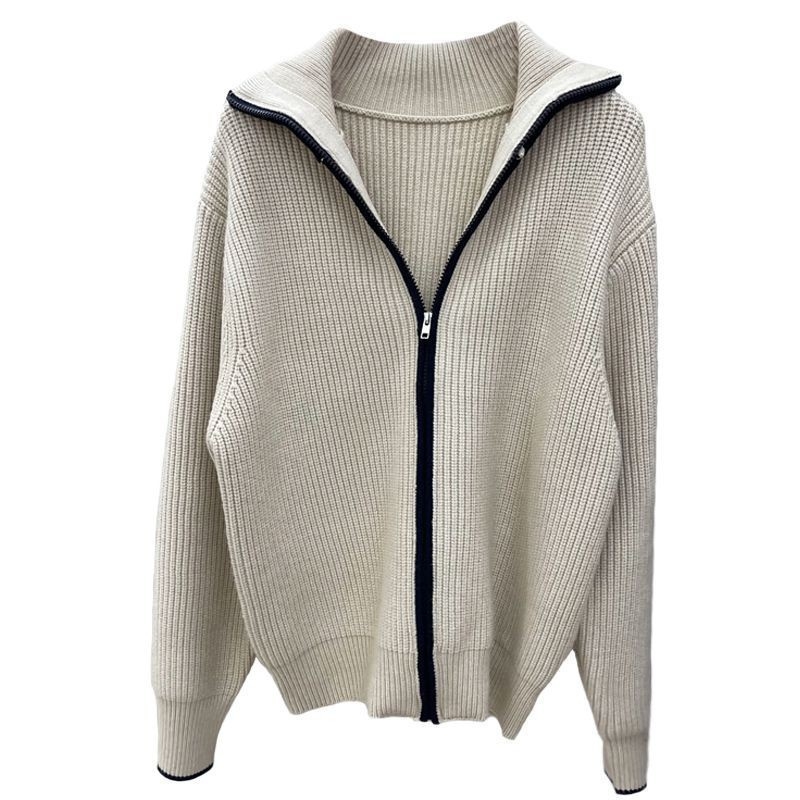 Cardigan-stil pleteni džemper s visokim ovratnikom i zatvaračem, gust materijal, dugi rukavi, uzorak gradski pejzaž, japansko-korejski ležerni stil, jesen-zima 2025