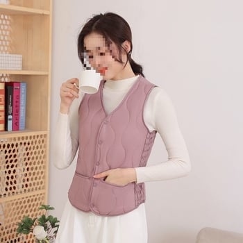 Къс женски жилет с V-образно деколте, подплата от флийс и вълнен пълнеж, еднокнопково закопчаване, А-образна кройка, Пролет 2025