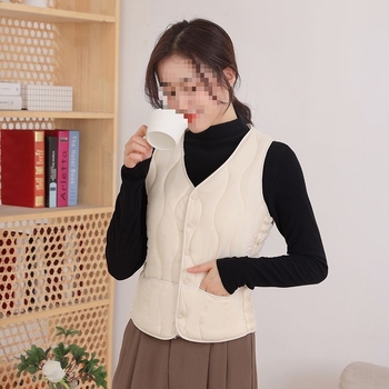 Къс женски жилет с V-образно деколте, подплата от флийс и вълнен пълнеж, еднокнопково закопчаване, А-образна кройка, Пролет 2025