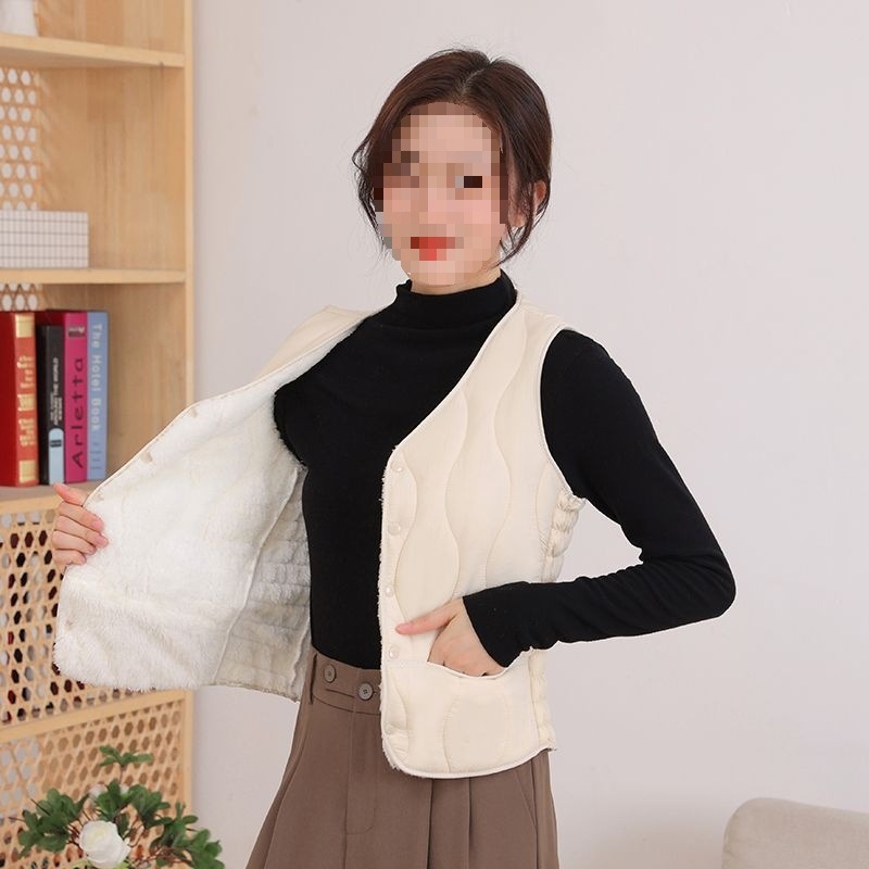 Къс женски жилет с V-образно деколте, подплата от флийс и вълнен пълнеж, еднокнопково закопчаване, А-образна кройка, Пролет 2025