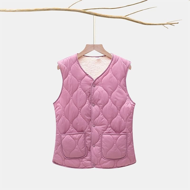 Къс женски жилет с V-образно деколте, подплата от флийс и вълнен пълнеж, еднокнопково закопчаване, А-образна кройка, Пролет 2025