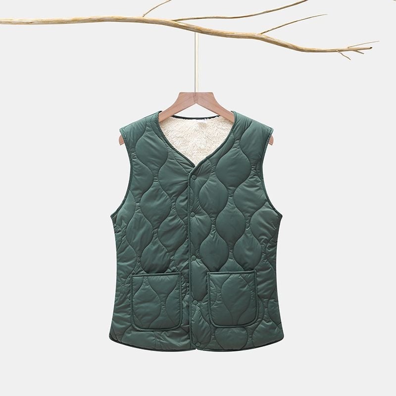 Къс женски жилет с V-образно деколте, подплата от флийс и вълнен пълнеж, еднокнопково закопчаване, А-образна кройка, Пролет 2025