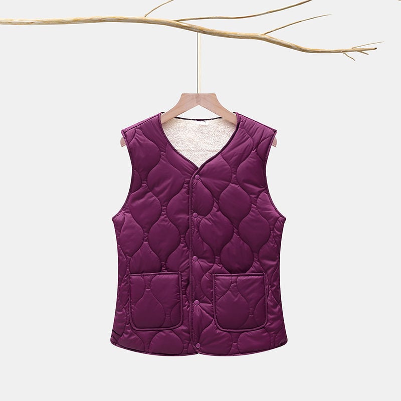 Къс женски жилет с V-образно деколте, подплата от флийс и вълнен пълнеж, еднокнопково закопчаване, А-образна кройка, Пролет 2025