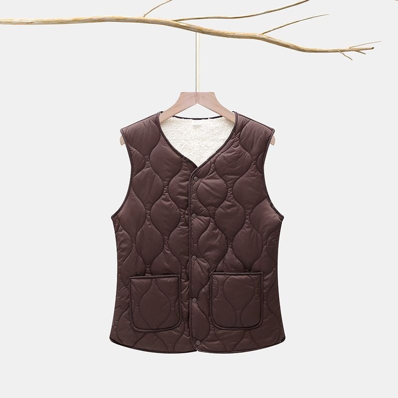 Къс женски жилет с V-образно деколте, подплата от флийс и вълнен пълнеж, еднокнопково закопчаване, А-образна кройка, Пролет 2025