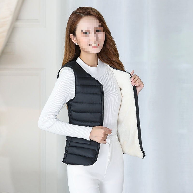 Къс женски жилет с V-образно деколте, подплата от флийс и вълнен пълнеж, еднокнопково закопчаване, А-образна кройка, Пролет 2025