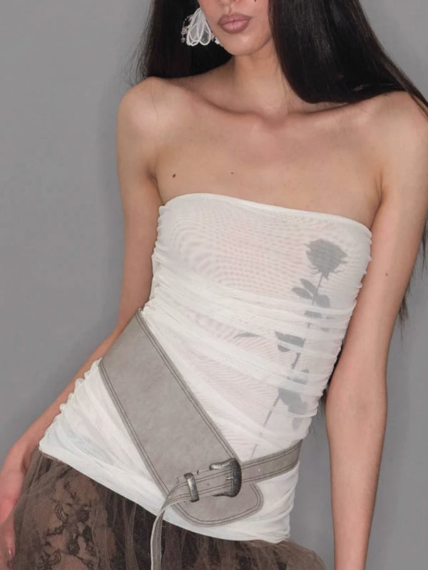 Tube топ без презрамки, Slim Fit, флорална мрежеста материя