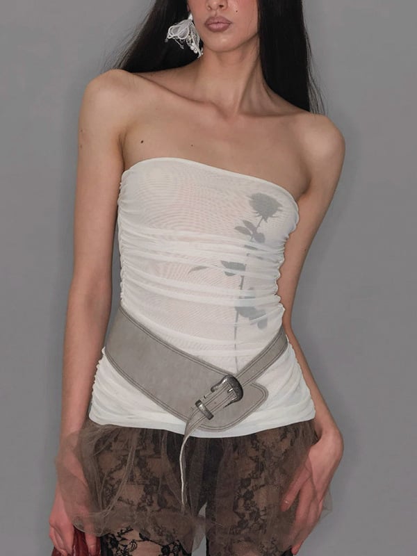 Tube топ без презрамки, Slim Fit, флорална мрежеста материя