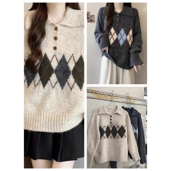 Džemper s polo ovratnikom, dugi rukavi, slobodan kroj, kolažni pleteni dizajn (jesen 2025)