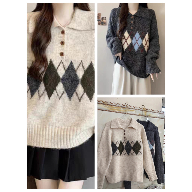 Džemper s polo ovratnikom, dugi rukavi, slobodan kroj, kolažni pleteni dizajn (jesen 2025)