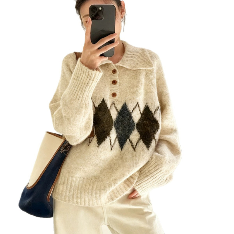 Džemper s polo ovratnikom, dugi rukavi, slobodan kroj, kolažni pleteni dizajn (jesen 2025)