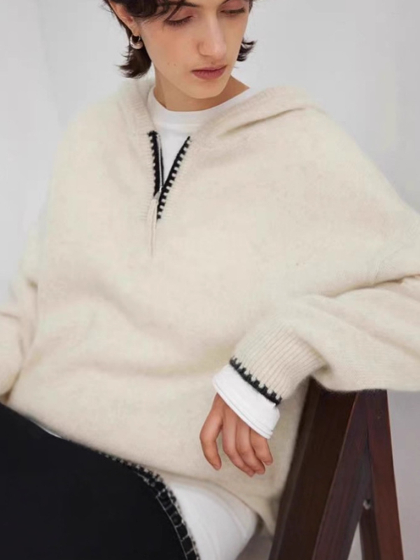Ženski kapuljačasti džemper od debelog vuna, slobodan kroj, polu-zip, dugi rukavi, japansko-korejski ležerni stil