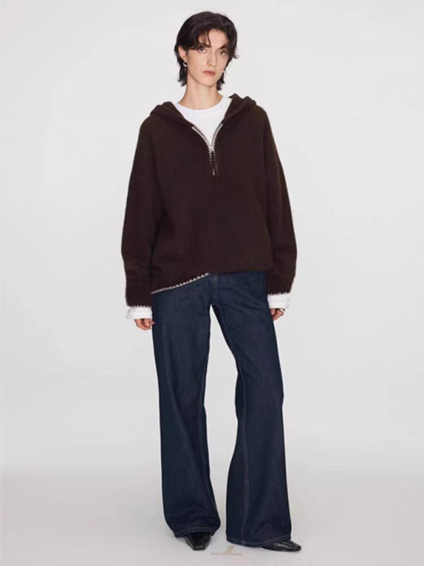 Ženski kapuljačasti džemper od debelog vuna, slobodan kroj, polu-zip, dugi rukavi, japansko-korejski ležerni stil