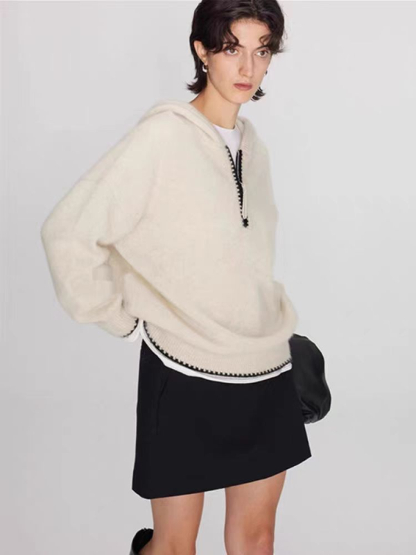 Ženski kapuljačasti džemper od debelog vuna, slobodan kroj, polu-zip, dugi rukavi, japansko-korejski ležerni stil