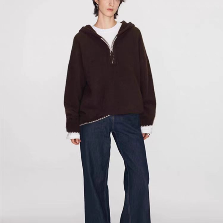 Ženski kapuljačasti džemper od debelog vuna, slobodan kroj, polu-zip, dugi rukavi, japansko-korejski ležerni stil
