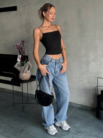 Потник с тънки презрамки от ледена коприна, слим фит, едноцветен, полиестер ≥95%, микроеластичност, лято 2025