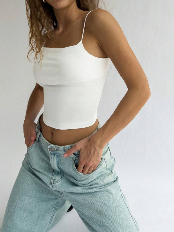 Потник с тънки презрамки от ледена коприна, слим фит, едноцветен, полиестер ≥95%, микроеластичност, лято 2025