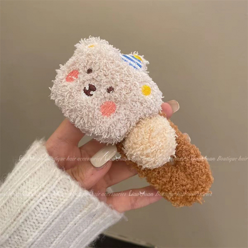 Plush medvjeđi klip za kosu za žene, Duckbill tip klip, ručno izrađeno, jesen-zima stil, uložak od wolframove legure