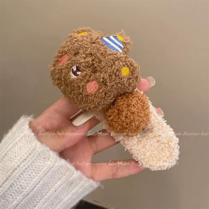 Plush medvjeđi klip za kosu za žene, Duckbill tip klip, ručno izrađeno, jesen-zima stil, uložak od wolframove legure