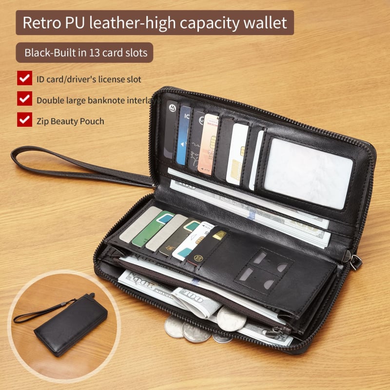 Muški novčanik s RFID zaštitom, dugi zatvarač, višenamjenski, putni novčanik velike kapacitete (materijal: PU; podstava: PU; sezona: proljeće 2024; za svakodnevnu upotrebu)