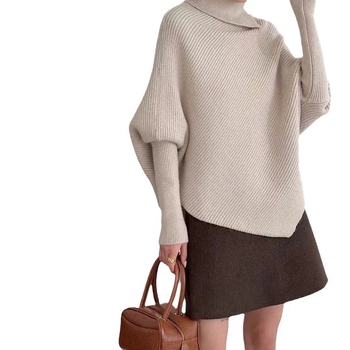 Ženski pleteni hoodie pulover, slobodan kroj, rukav tipa bat, visok ovratnik, srednja duljina 65–80 cm, mješavina ovčje vune–akril–nylon