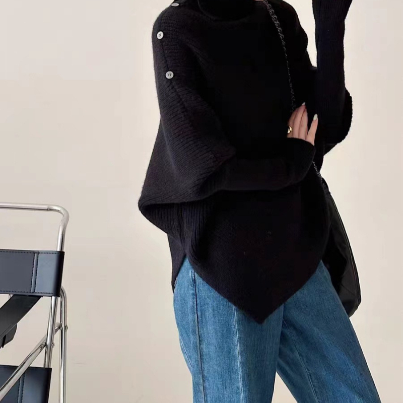 Ženski pleteni hoodie pulover, slobodan kroj, rukav tipa bat, visok ovratnik, srednja duljina 65–80 cm, mješavina ovčje vune–akril–nylon