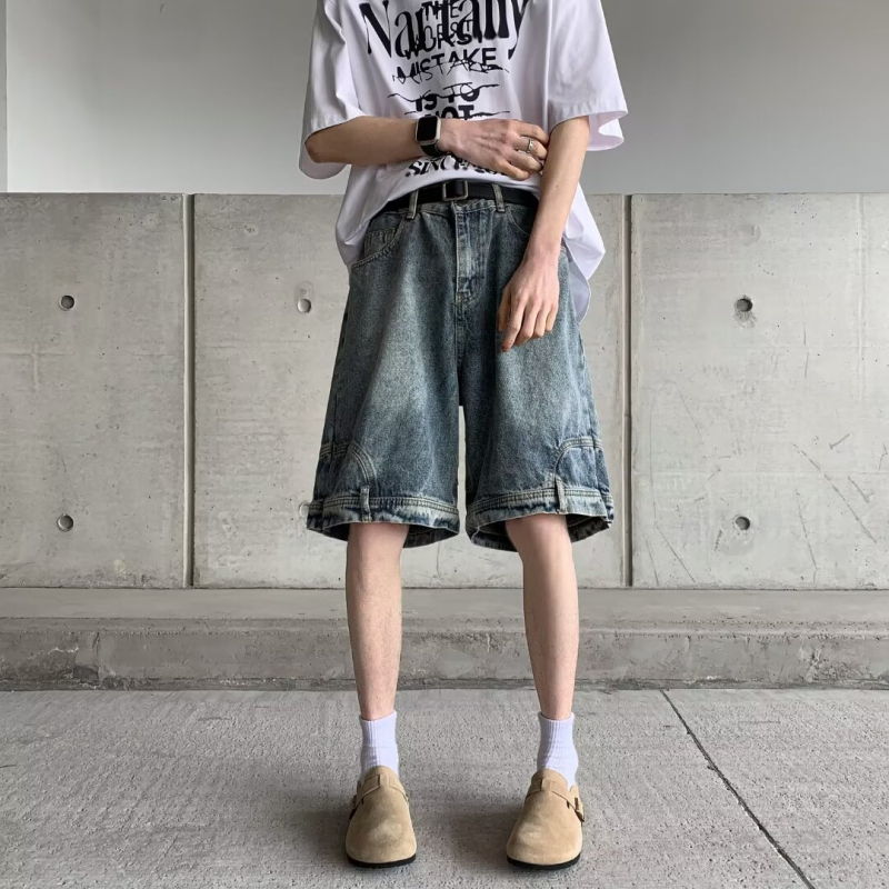 Muške traperice od denima, srednje duljine, vintage stil, ravni kroj, mikroelastičnost