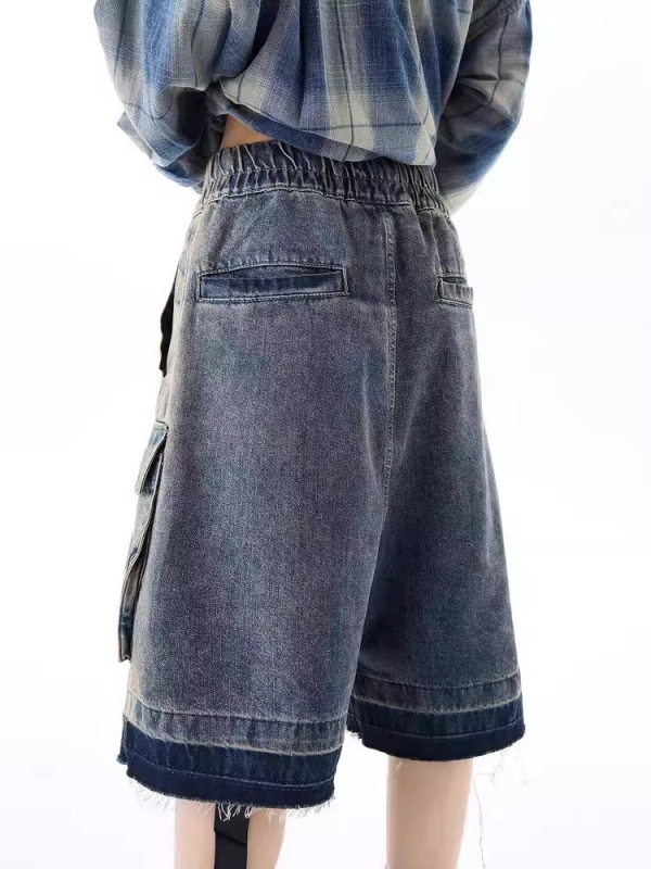 Džins cargo šorc, pamuk, kapri duljina, širok kroj, vintage stil
