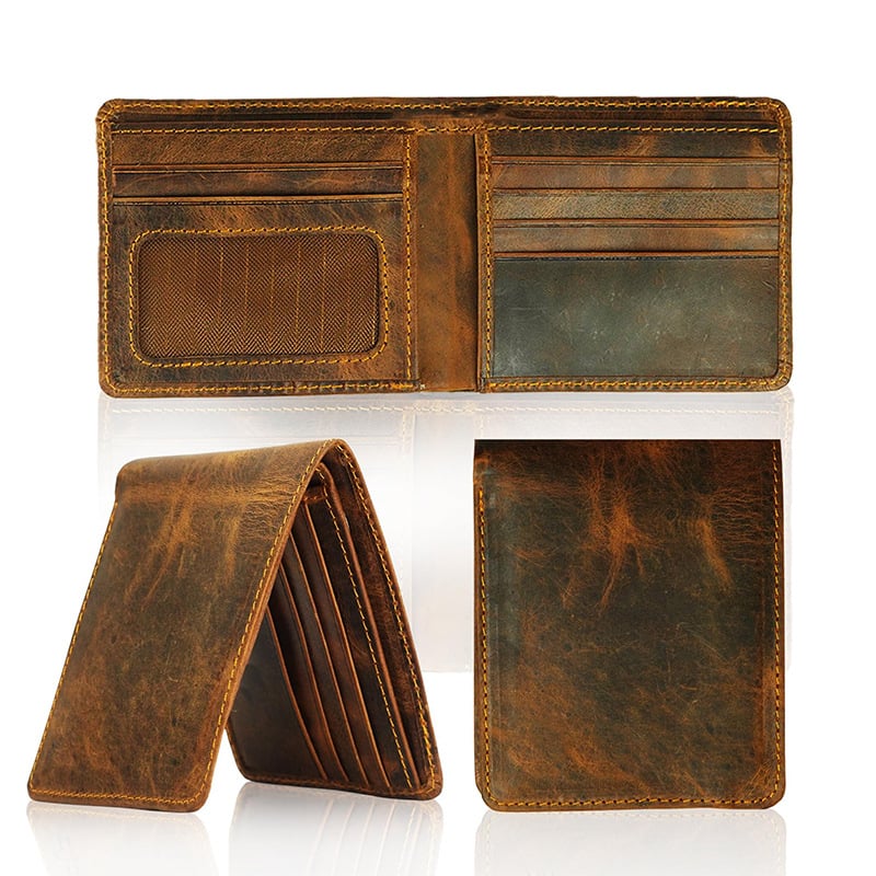 Férfi ultra vékony bi-fold pénztárca valódi bőrből, egyszínű, üzleti elit stílus