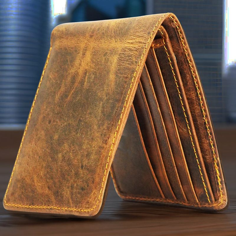 Férfi ultra vékony bi-fold pénztárca valódi bőrből, egyszínű, üzleti elit stílus