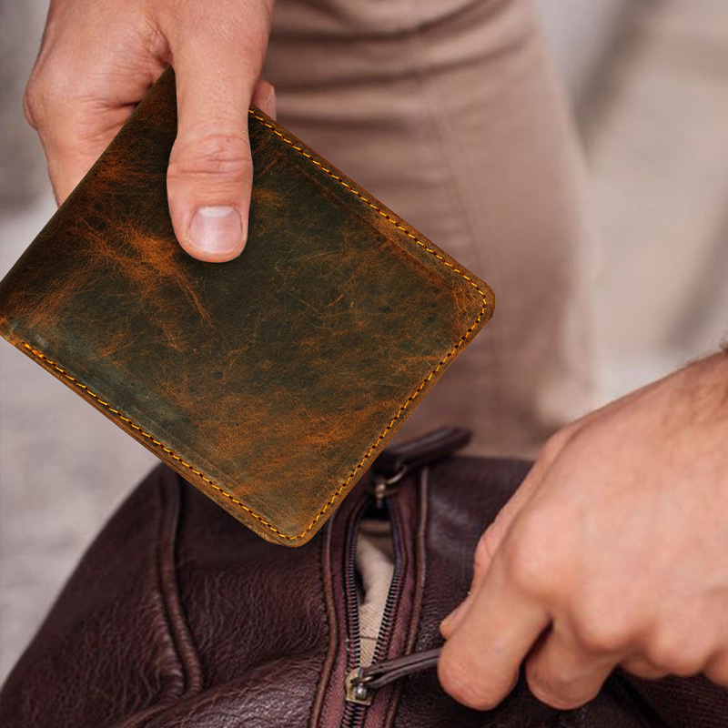 Férfi ultra vékony bi-fold pénztárca valódi bőrből, egyszínű, üzleti elit stílus