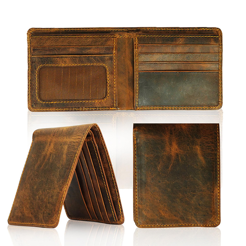 Férfi ultra vékony bi-fold pénztárca valódi bőrből, egyszínű, üzleti elit stílus