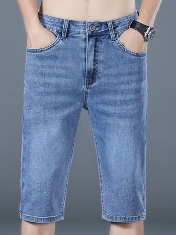 Férfi vékony denim rövidnadrág, lazán illeszkedő, lélegző, ötnegyedes hossz, poliészter 50–70%