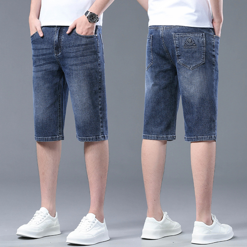 Férfi nyári farmer rövidnadrág, magas derekú, rugalmas anyag, egyenes szabás, zseb részlet