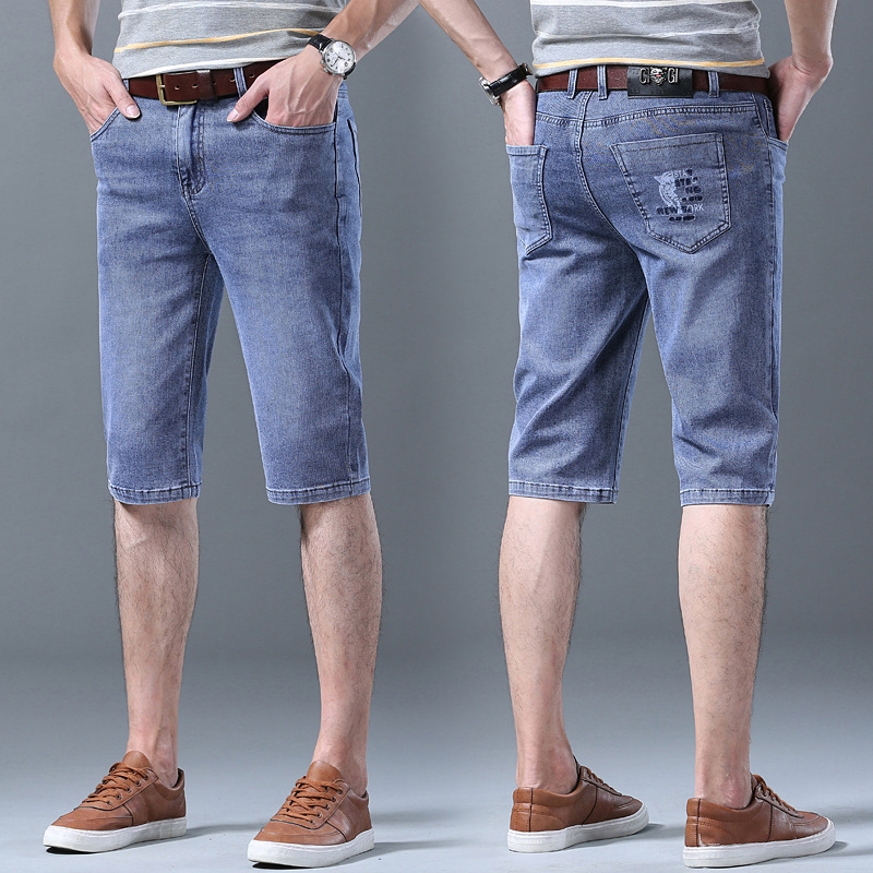 Férfi nyári farmer rövidnadrág, magas derekú, rugalmas anyag, egyenes szabás, zseb részlet