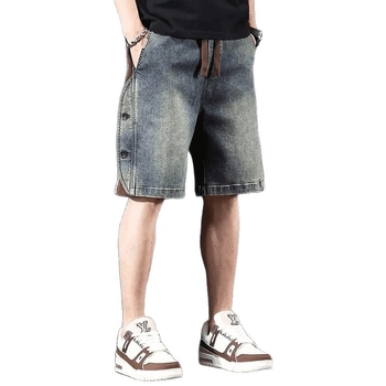 Denim rövidnadrág, amerikai retro stílus, egyenes szabás, középmagas derék, mosott kopott felület